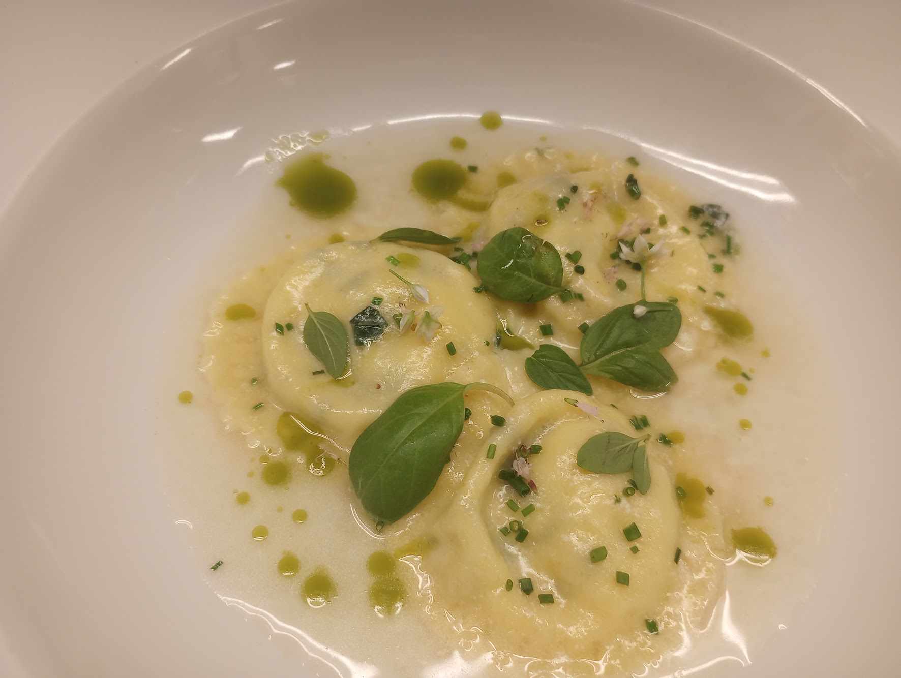 Delicate pasta with herb oil and microgreens